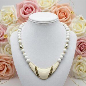 Vintage White Enamel Crescent Statement Necklace, Gold Tone Filigree Bib Pendant